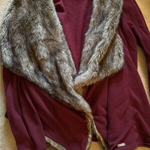 Hollister Maroon Cardigan with Faux Fur Collar